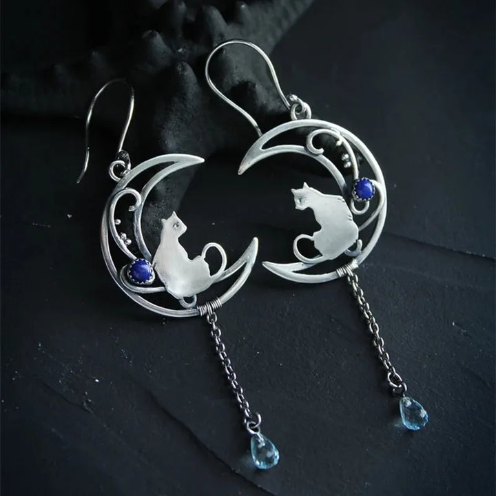 Boucles d'oreilles Chat de Lune – Design Vintage en Croissant avec Pierre Précieuse Lapis Lazuli