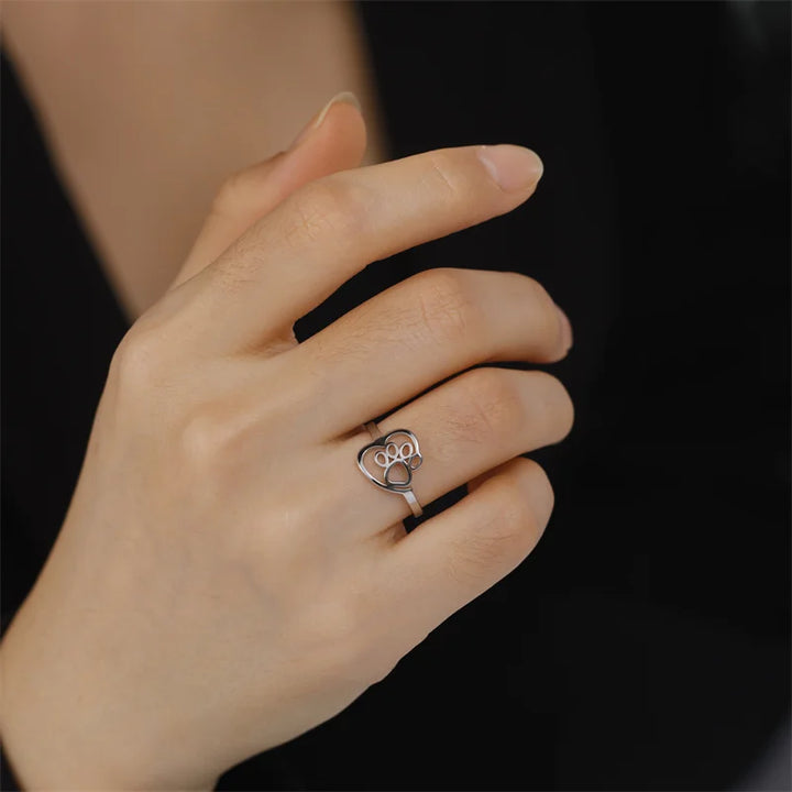 Bague en Acier Inoxydable Doré avec Pattes et Cœur – Bijoux pour Amoureux des Animaux