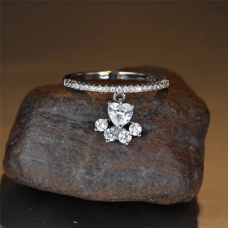 Bague Vintage Patte de Chat & Pierre Cœur – Ton Or & Argent