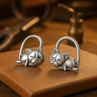 Boucles d'oreilles puces en argent 925 avec un chiot endormi