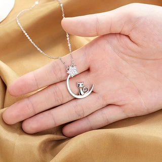 Collier en Argent Sterling avec Silhouette de Chat et Étoiles de Lune