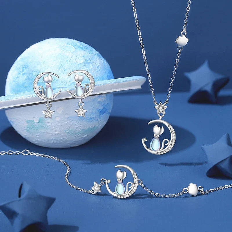 Collier en Argent Sterling Chat Lune