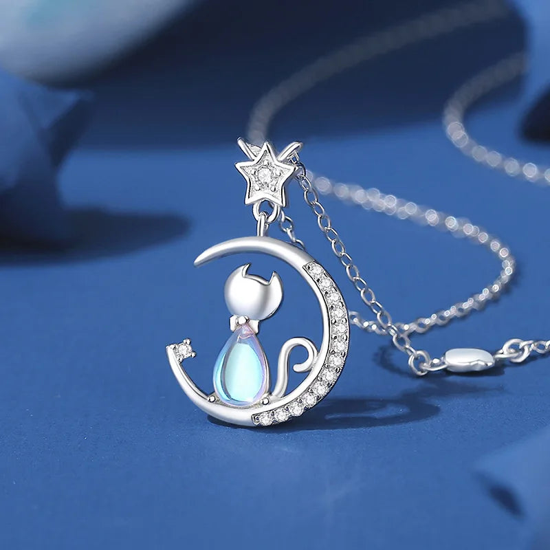 Collier en Argent Sterling Chat Lune