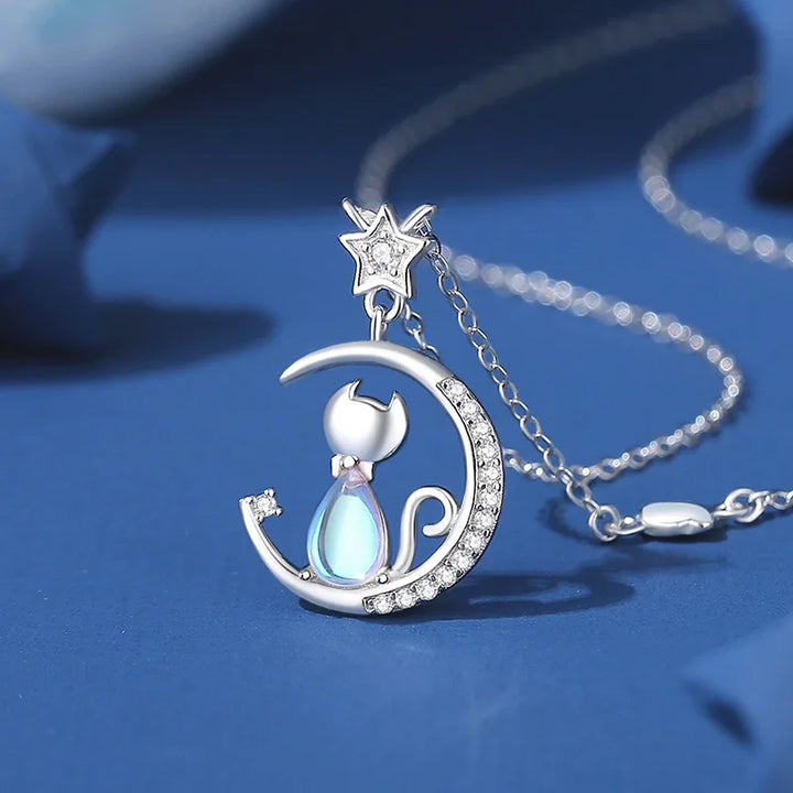 Collier en Argent Sterling Chat Lune