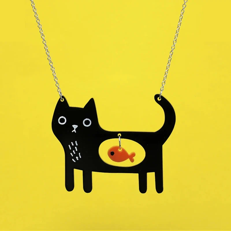 Collier Pendentif Acrylique Chat & Poisson Fantaisiste