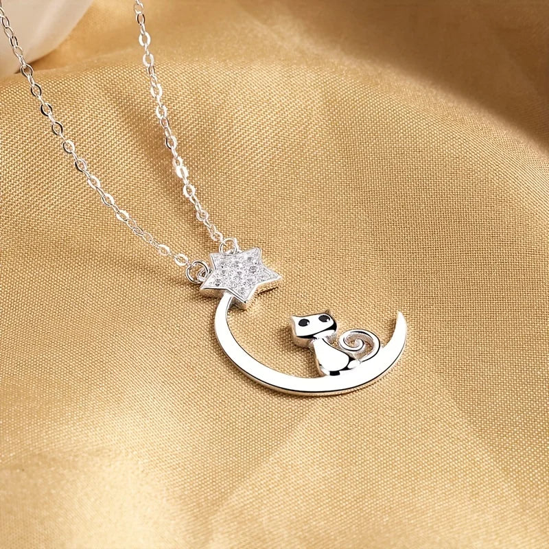 Collier en Argent Sterling avec Silhouette de Chat et Étoiles de Lune