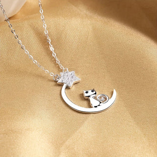 Collier en Argent Sterling avec Silhouette de Chat et Étoiles de Lune