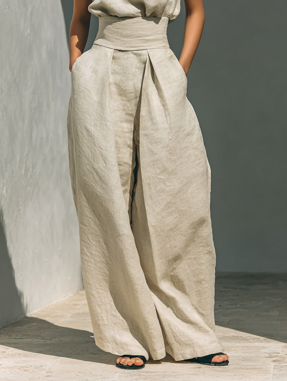 Bérénice™ | Ensemble Co-Ord Beige Décontracté Sans Manches avec Pantalons Amples