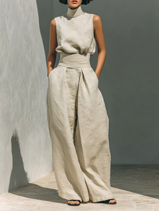 Bérénice™ | Ensemble Co-Ord Beige Décontracté Sans Manches avec Pantalons Amples