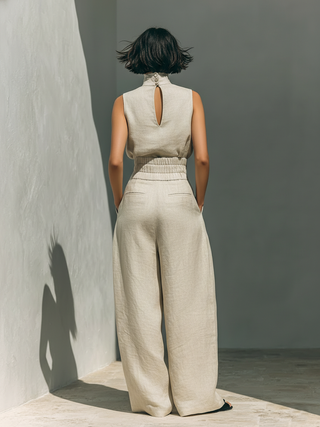 Bérénice™ | Ensemble Co-Ord Beige Décontracté Sans Manches avec Pantalons Amples