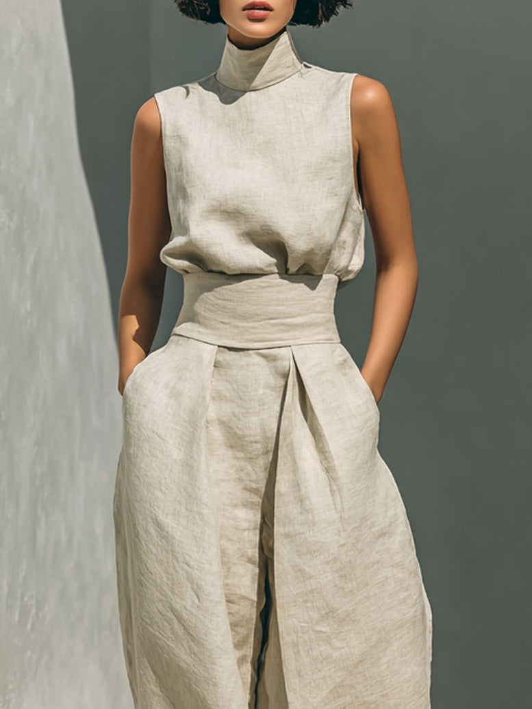 Bérénice™ | Ensemble Co-Ord Beige Décontracté Sans Manches avec Pantalons Amples