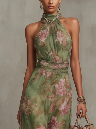 Anaïs™ | Élégante Robe Maxi Halter en Chiffon à Motif Floral