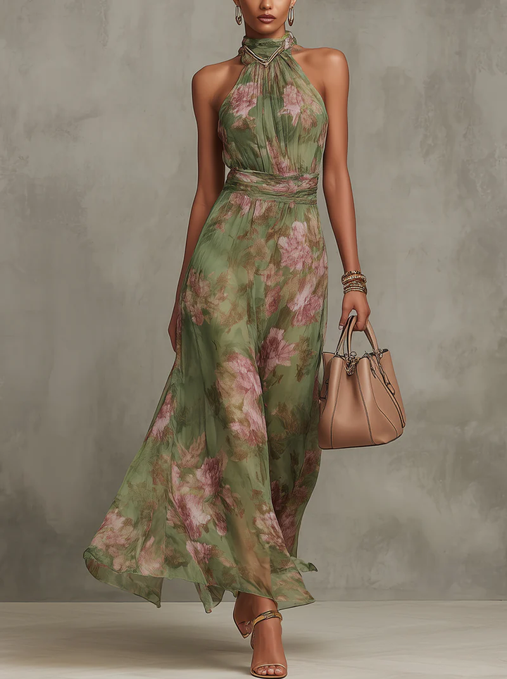 Anaïs™ | Élégante Robe Maxi Halter en Chiffon à Motif Floral
