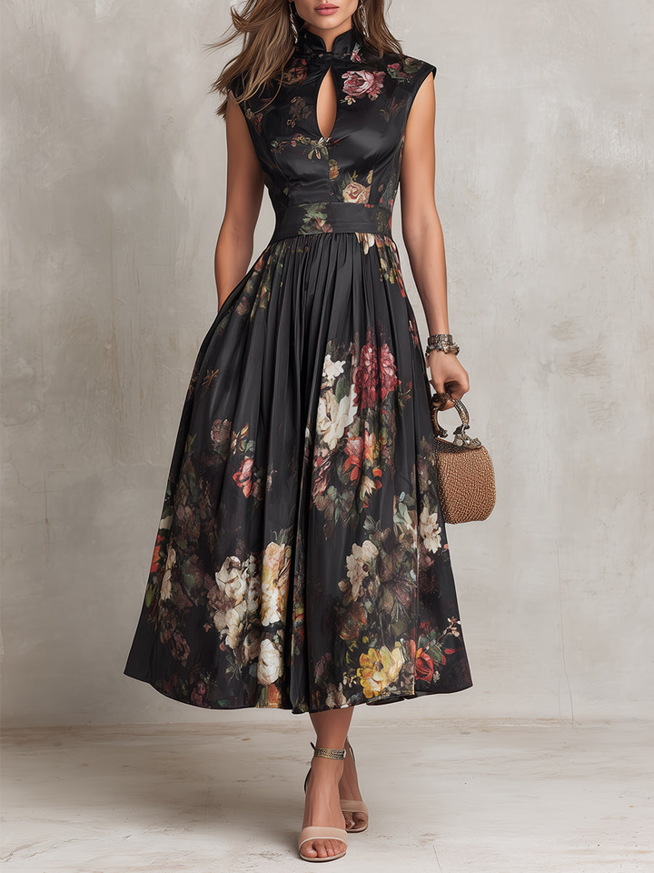 Violetta™ | Robe Midi Noire en Satin Plissé avec Motif Floral et Décolleté en Cœur