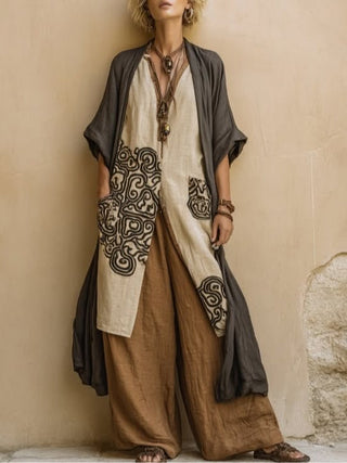 Giulia™ | Ensemble Bohémien Nomade 3 Pièces en Gris Foncé et Marron avec Motif Tribal