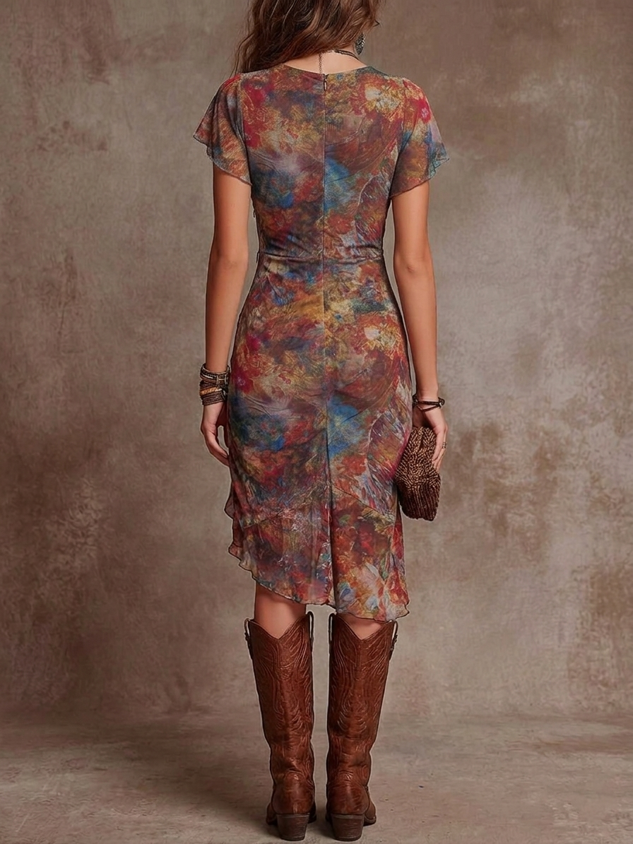 Martina™ | Robe Midi Plissée Col en V, Imprimé Artistique Abstrait Style Bohème