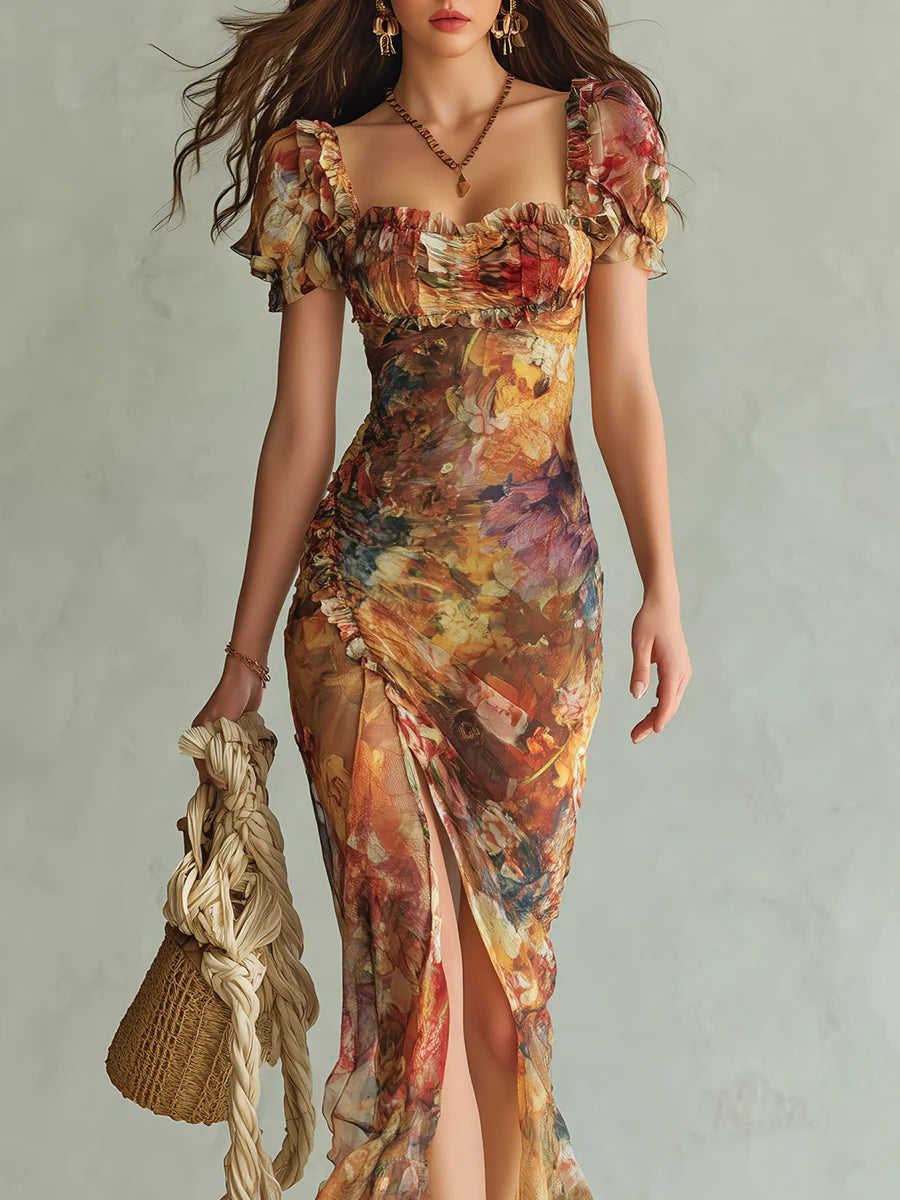 Viola™ | Robe longue en chiffon orange avec imprimé artistique bohème