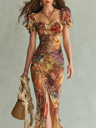 Viola™ | Robe longue en chiffon orange avec imprimé artistique bohème