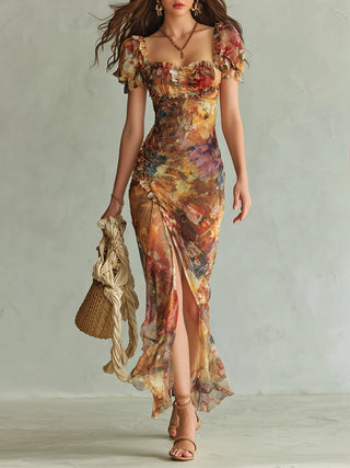 Viola™ | Robe longue en chiffon orange avec imprimé artistique bohème