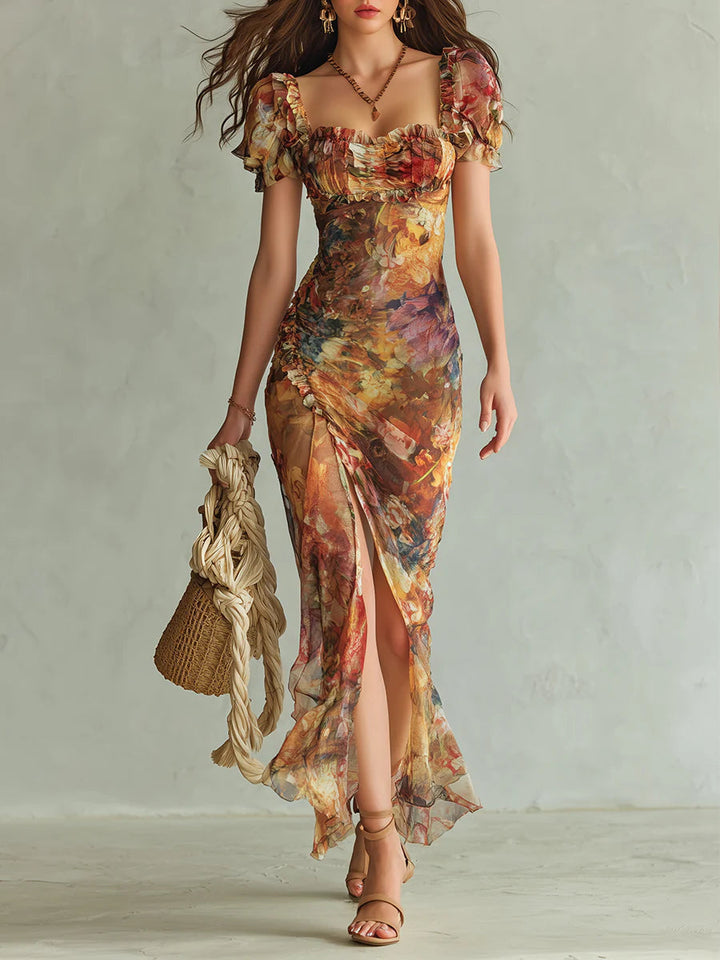 Viola™ | Robe longue en chiffon orange avec imprimé artistique bohème