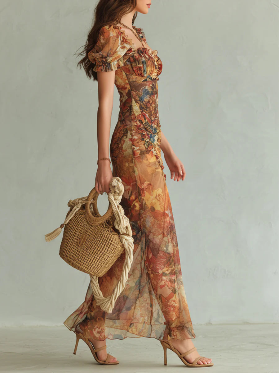 Viola™ | Robe longue en chiffon orange avec imprimé artistique bohème