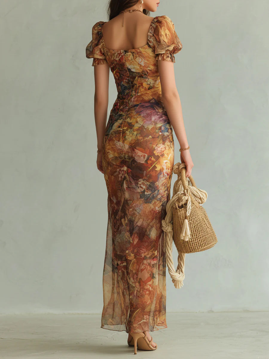 Viola™ | Robe longue en chiffon orange avec imprimé artistique bohème