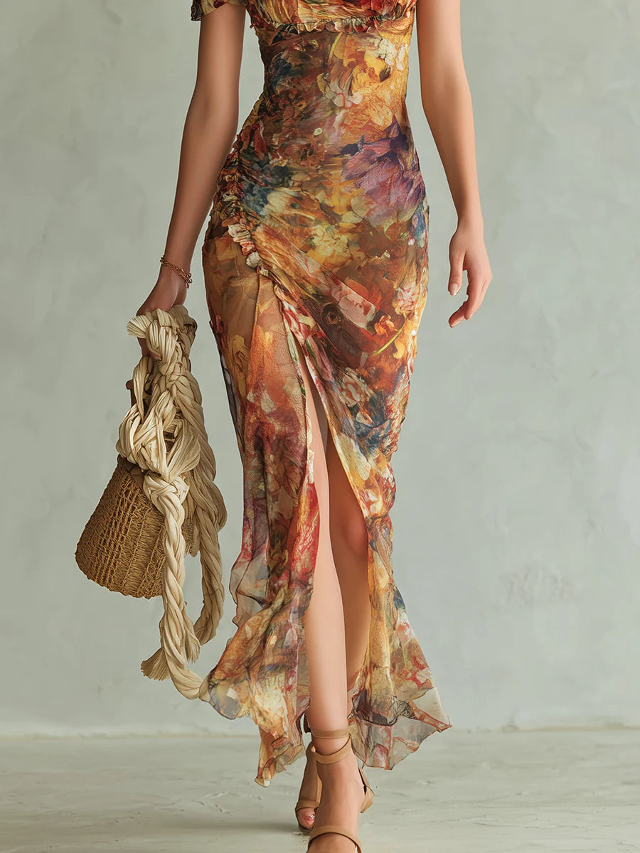 Viola™ | Robe longue en chiffon orange avec imprimé artistique bohème