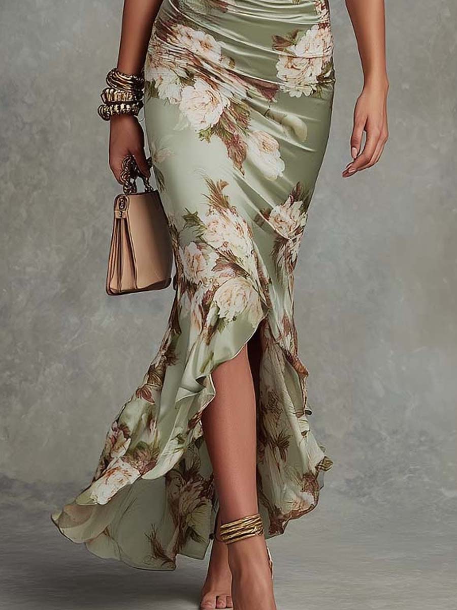 Delphine™ | Robe Longue Asymétrique en Satin, Manches Bouffantes