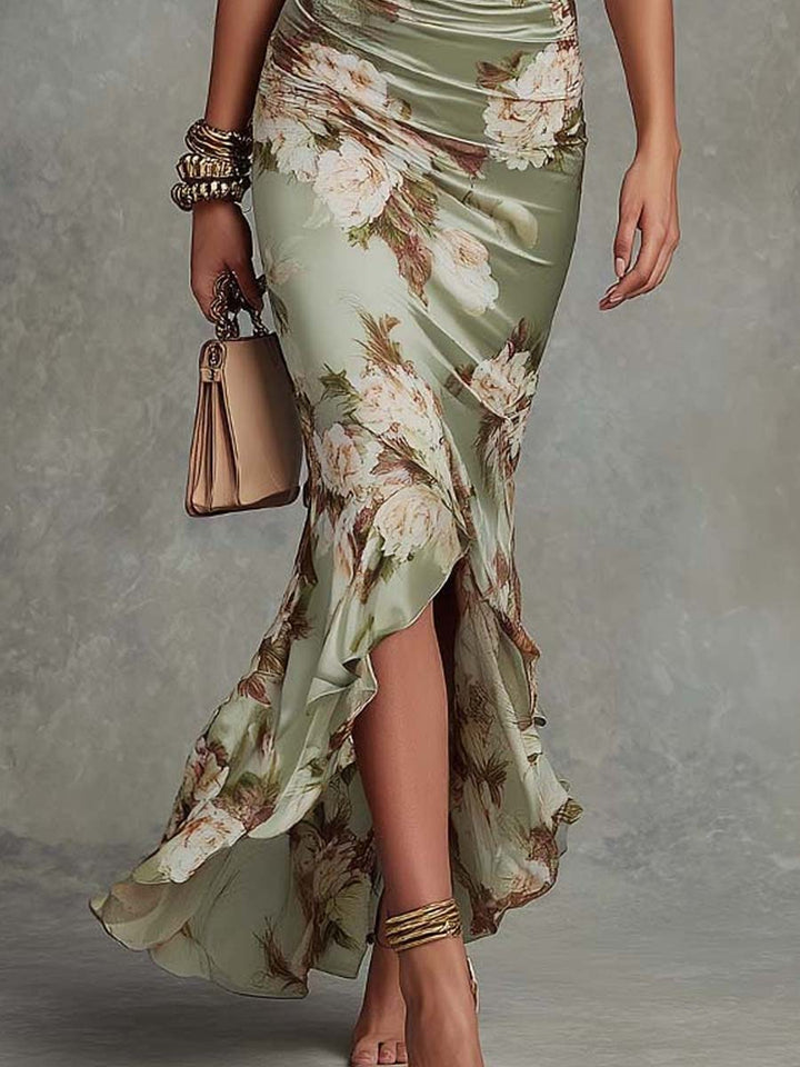 Delphine™ | Robe Longue Asymétrique en Satin, Manches Bouffantes