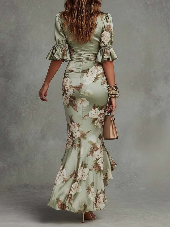 Delphine™ | Robe Longue Asymétrique en Satin, Manches Bouffantes