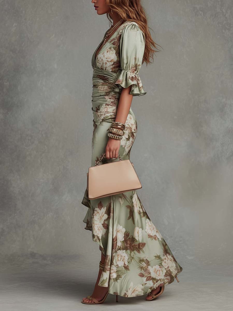 Delphine™ | Robe Longue Asymétrique en Satin, Manches Bouffantes