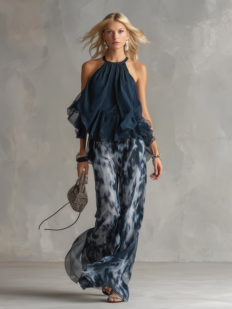 Séverine™ | Élégant haut à col halter bleu marine avec ensemble à jambes larges imprimé