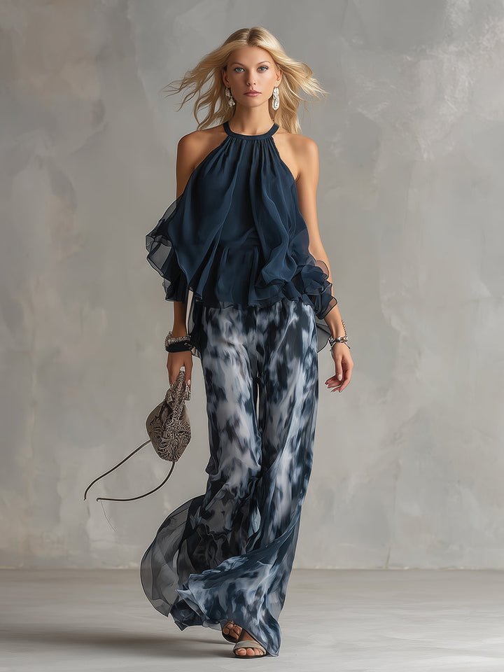Séverine™ | Élégant haut à col halter bleu marine avec ensemble à jambes larges imprimé