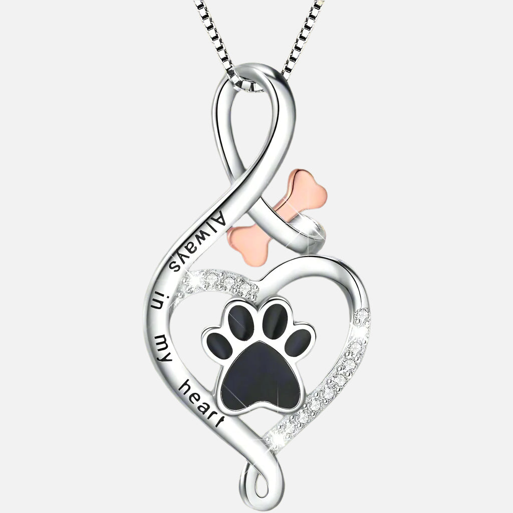Collier Patte Chanceuse avec Cœur, Os & Infini – Pendentif "Toujours dans Mon Cœur"