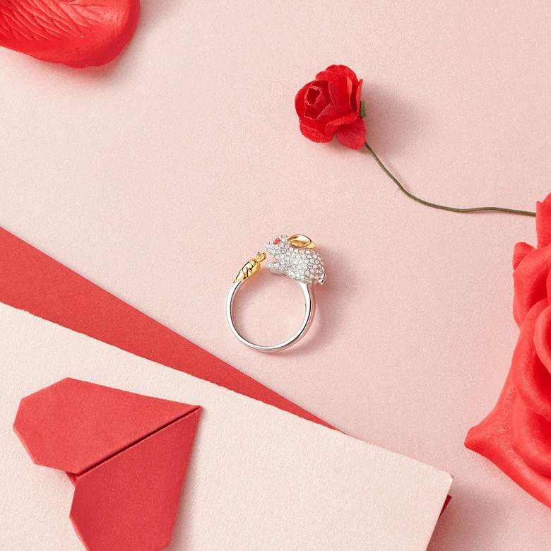 Bague en Cristal Argentée Ajustable Unique en Forme de Lapin et Carotte