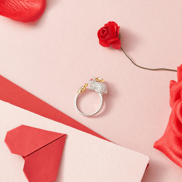 Bague en Cristal Argentée Ajustable Unique en Forme de Lapin et Carotte
