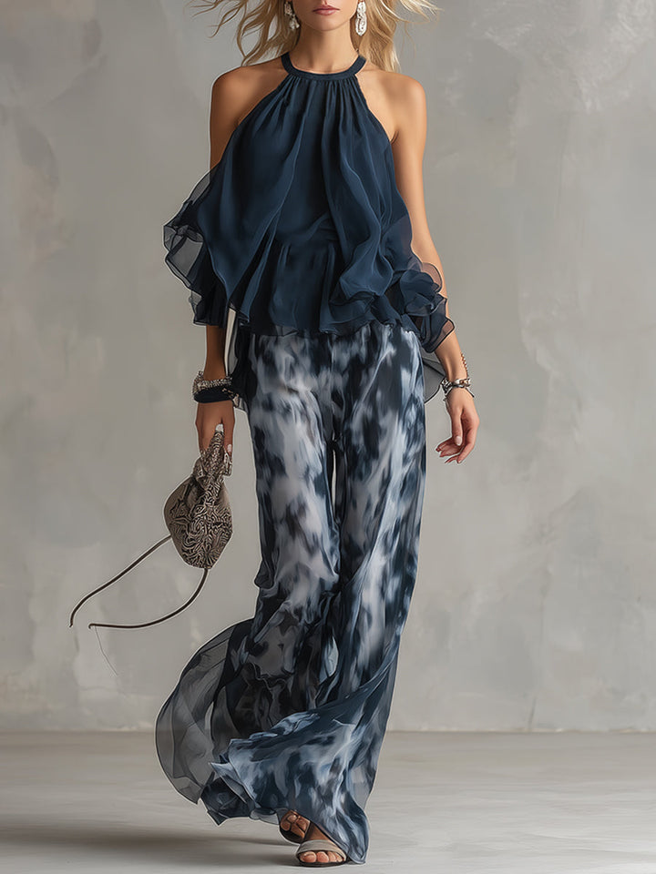Séverine™ | Élégant haut à col halter bleu marine avec ensemble à jambes larges imprimé