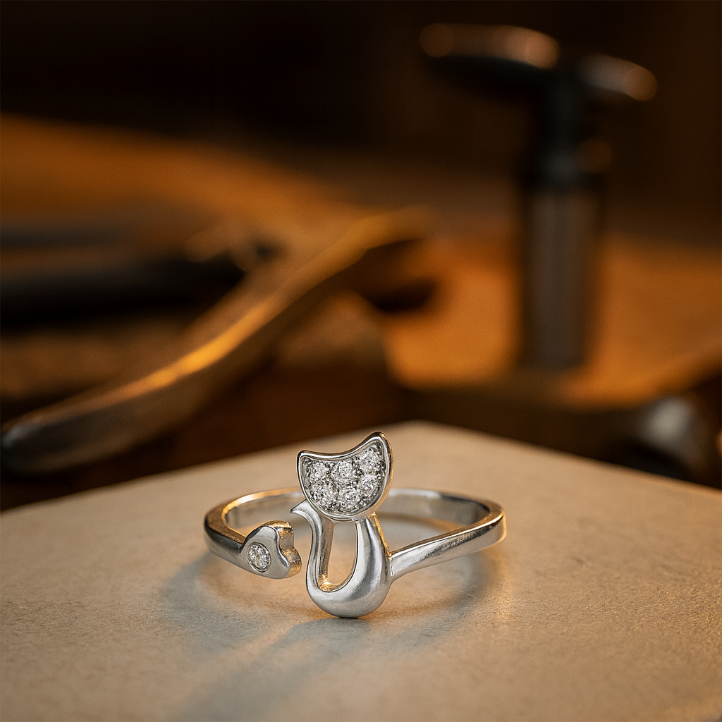 Bague Ouverte Chat Mignonne – Zirconia Cubique