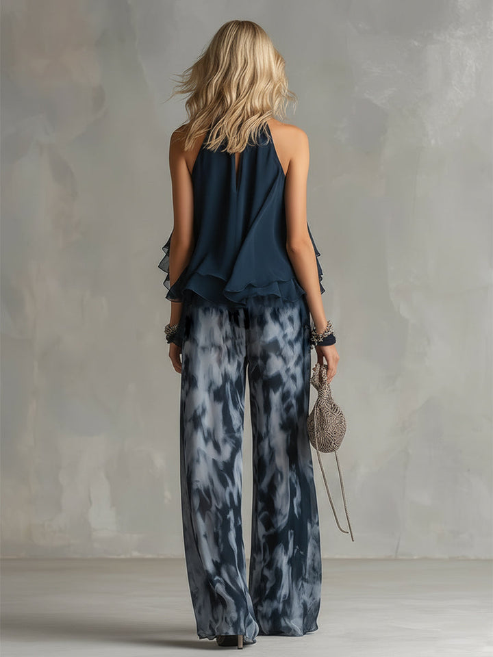Séverine™ | Élégant haut à col halter bleu marine avec ensemble à jambes larges imprimé