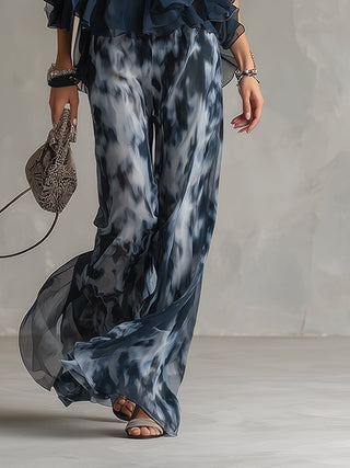 Séverine™ | Élégant haut à col halter bleu marine avec ensemble à jambes larges imprimé