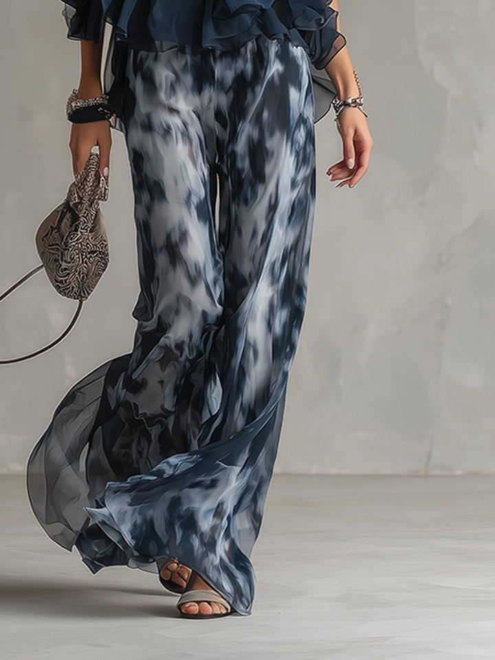 Séverine™ | Élégant haut à col halter bleu marine avec ensemble à jambes larges imprimé