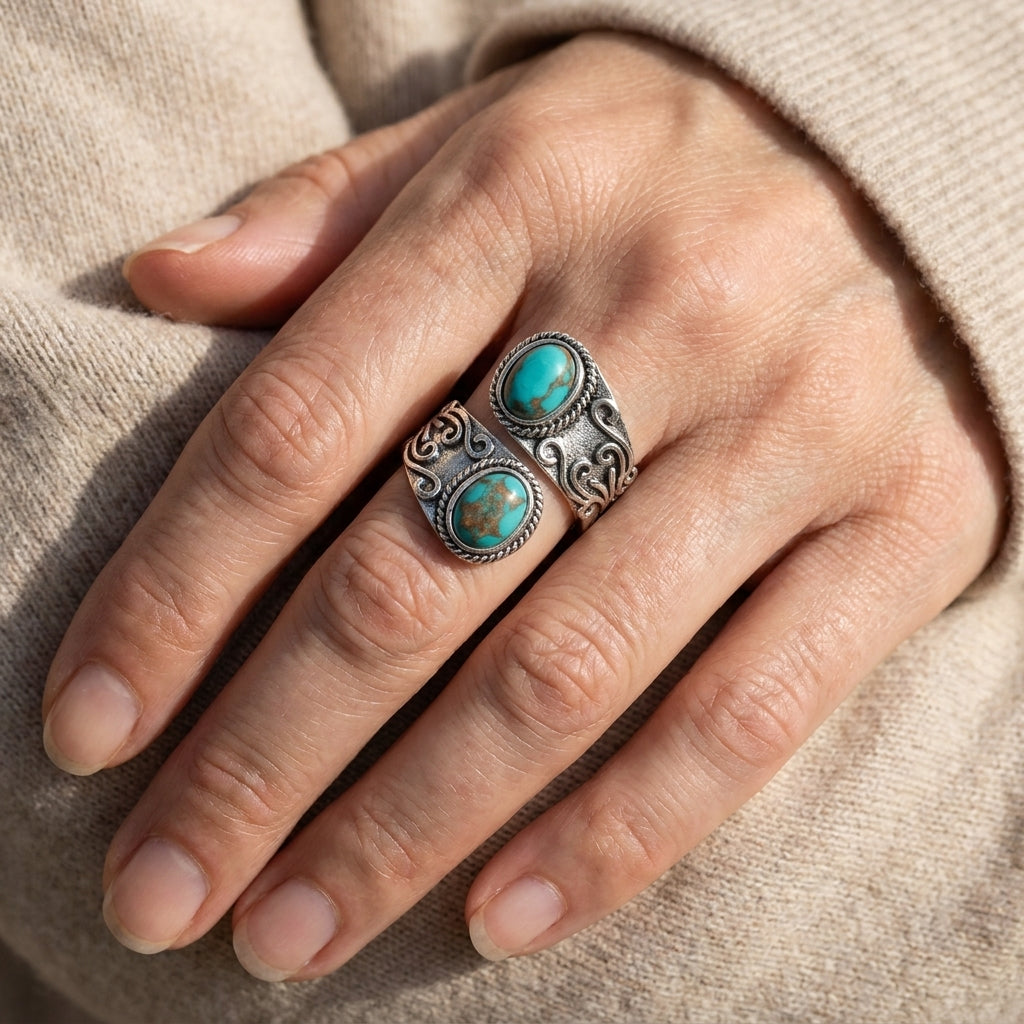 Calista™ - Bague Enveloppante en Argent avec Double Turquoise