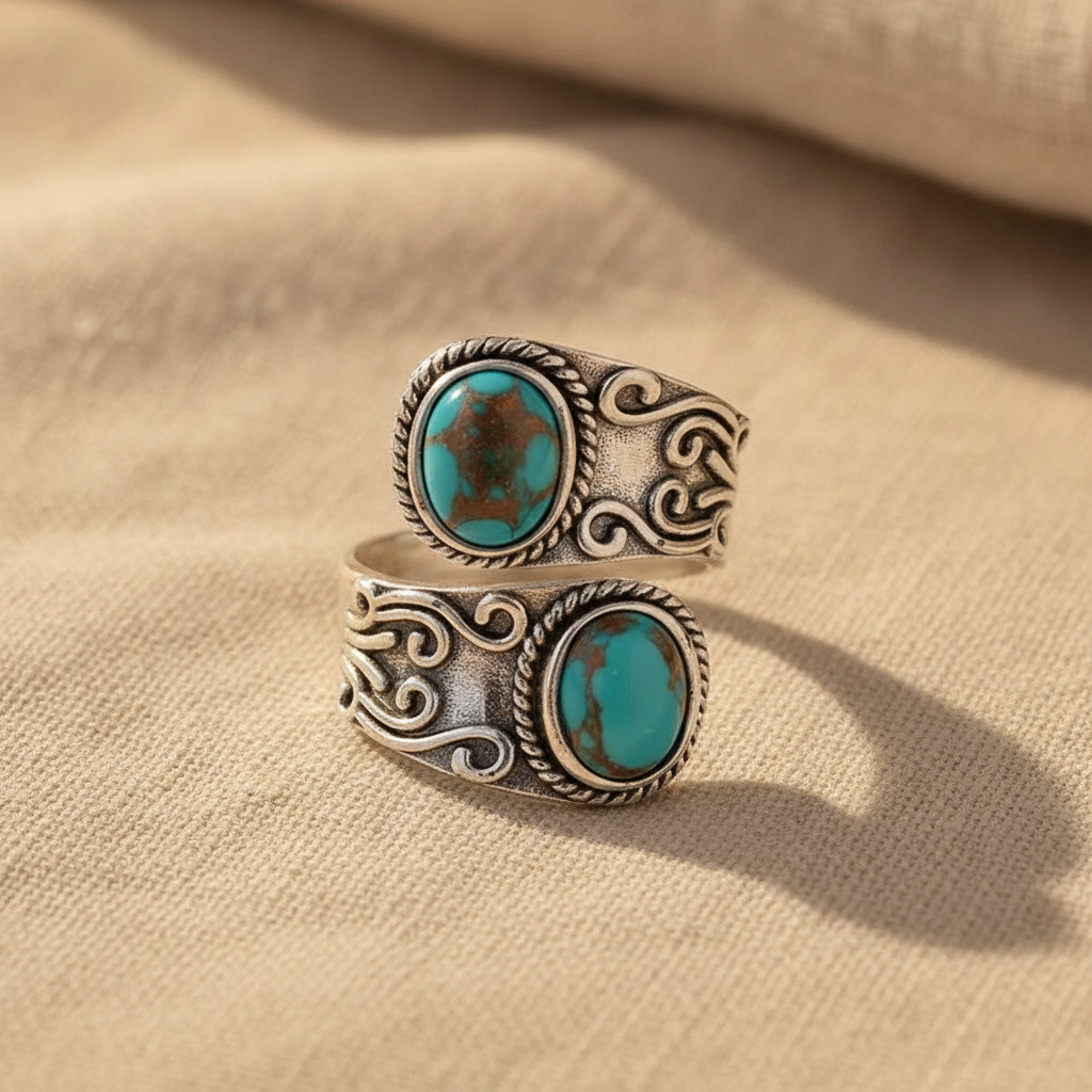 Calista™ - Bague Enveloppante en Argent avec Double Turquoise