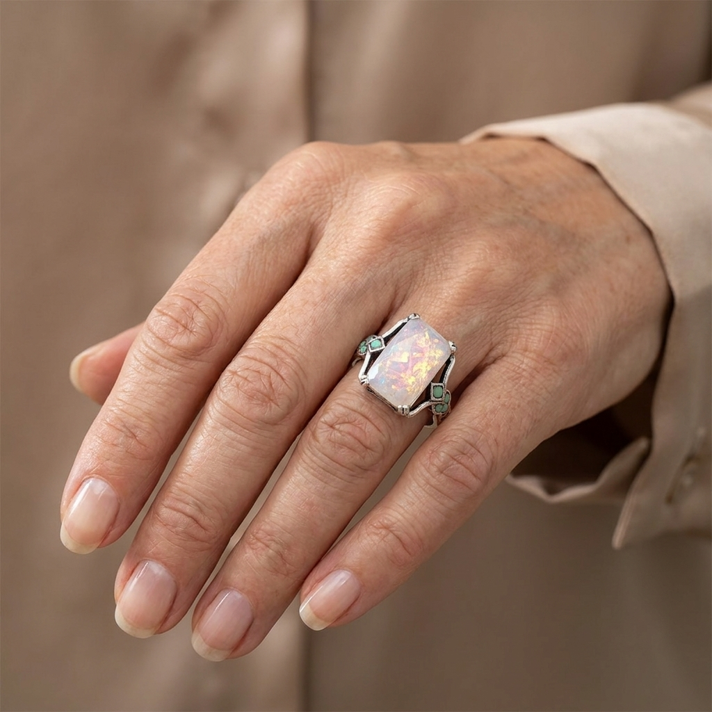 Bague en Argent avec Opale Blanche Vintage