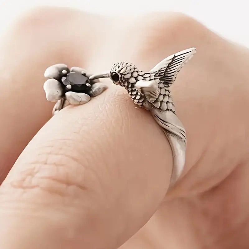 Bague Colibri & Fleur – Bague Ouverte Ajustable pour Femmes