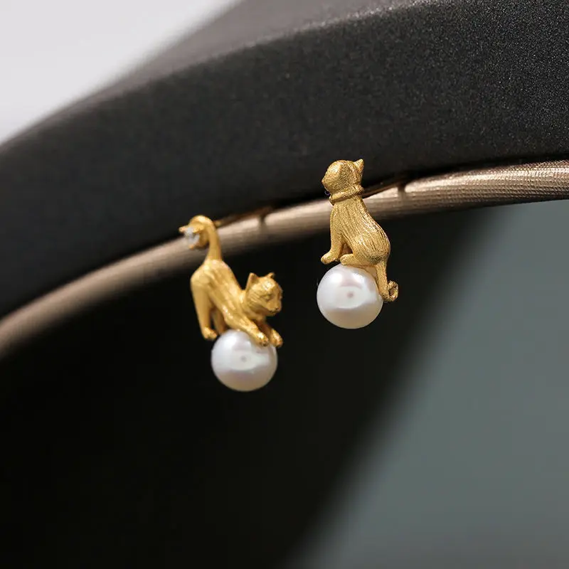 Boucles d'oreilles Vintage Golden Kitty Pearl
