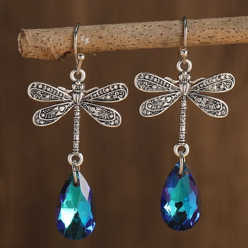 Boucles d'oreilles vintage en zircon bleu en forme de libellule