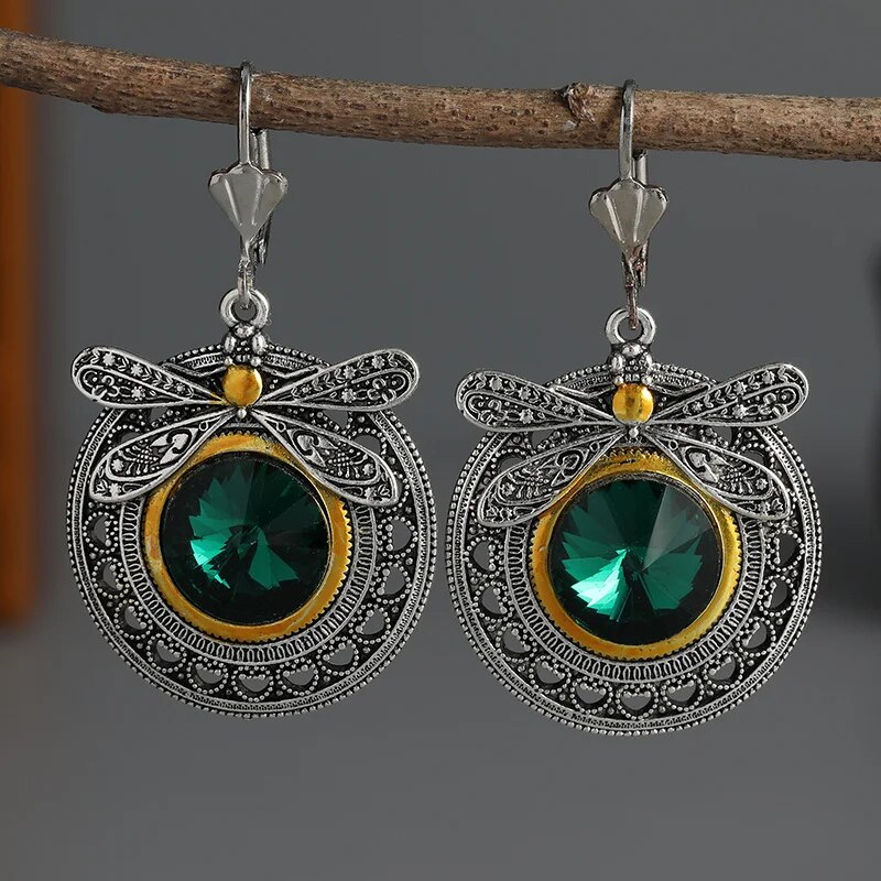 Boucles d'oreilles libellule en zircon vert vintage