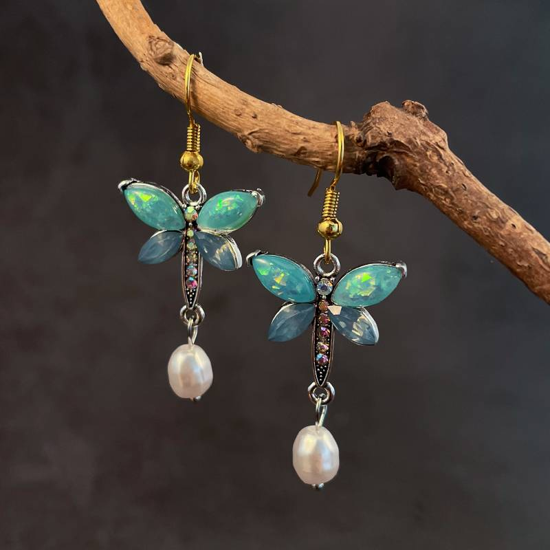 Boucles d'oreilles papillon en opale verte vintage et perles