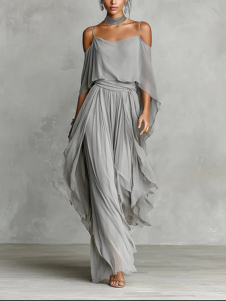 Amandine™ | Ensemble fluide gris avec top à bretelles fines et pantalon léger